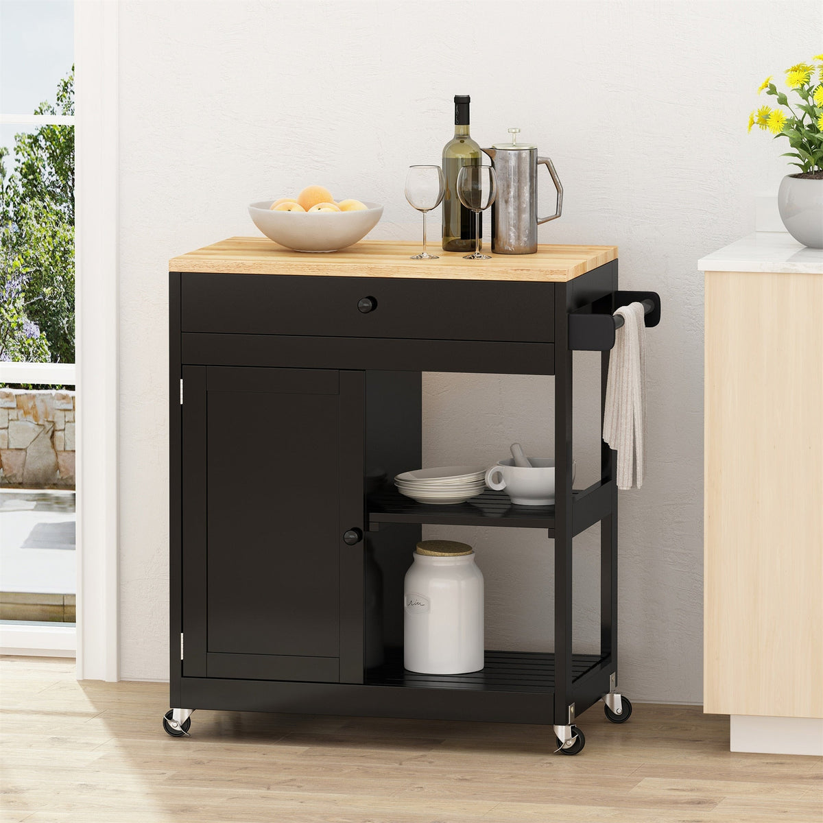 BABOOM Black Wood Base with Wood Top Rolling Kitchen Cart (17-in x 32.5-in x 34.5-in)