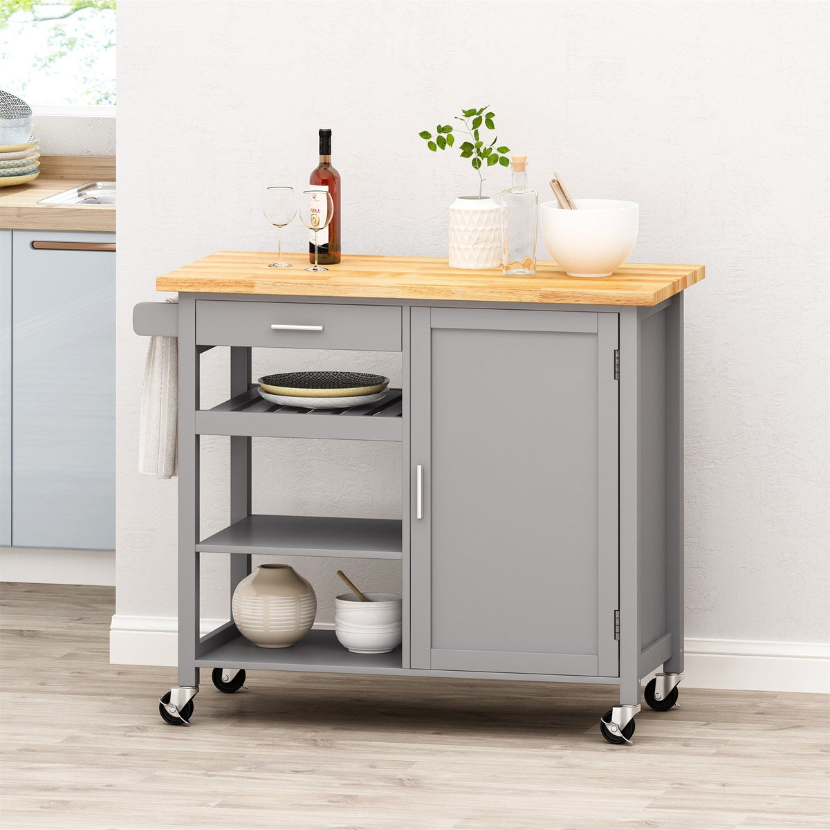 BABOOM Gray Wood Base with Wood Top Rolling Kitchen Cart (18.9-in x 41.75-in x 35.25-in)