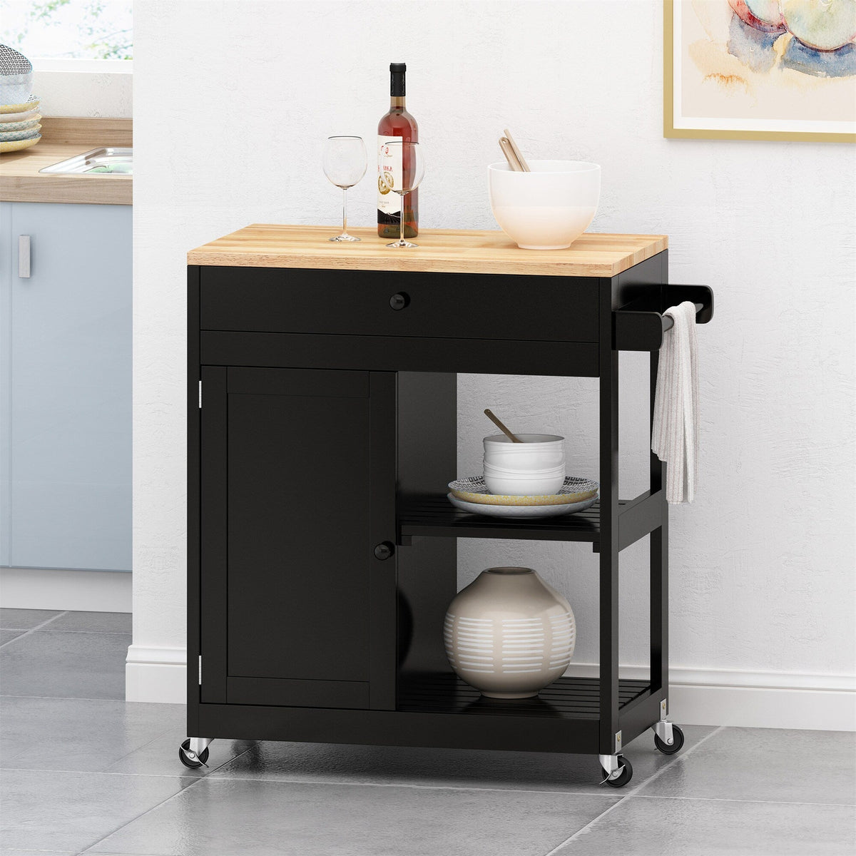 BABOOM Black Wood Base with Wood Top Rolling Kitchen Cart (17-in x 32.5-in x 34.5-in)