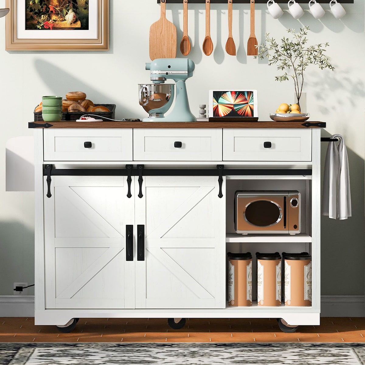 BABOOM White Mdf Base with Composite Top Rolling Kitchen Island (28.7-in x 53.8-in x 37-in)