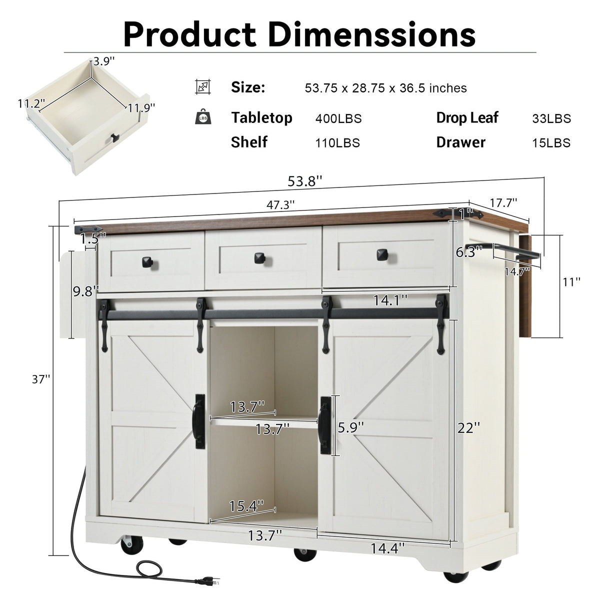 BABOOM White Mdf Base with Composite Top Rolling Kitchen Island (28.7-in x 53.8-in x 37-in)