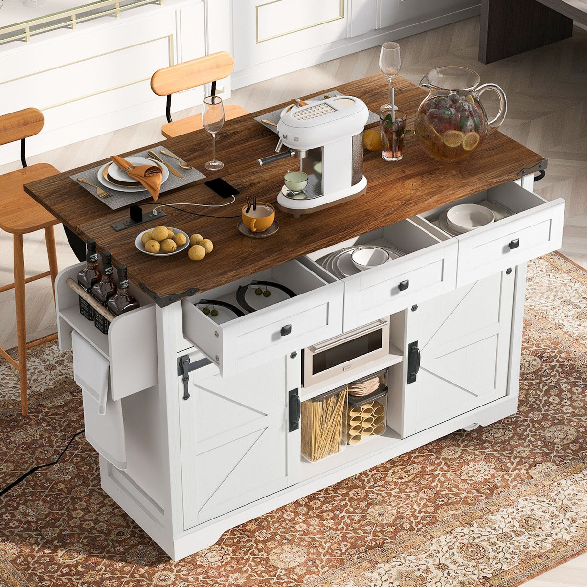 BABOOM White Mdf Base with Composite Top Rolling Kitchen Island (28.7-in x 53.8-in x 37-in)