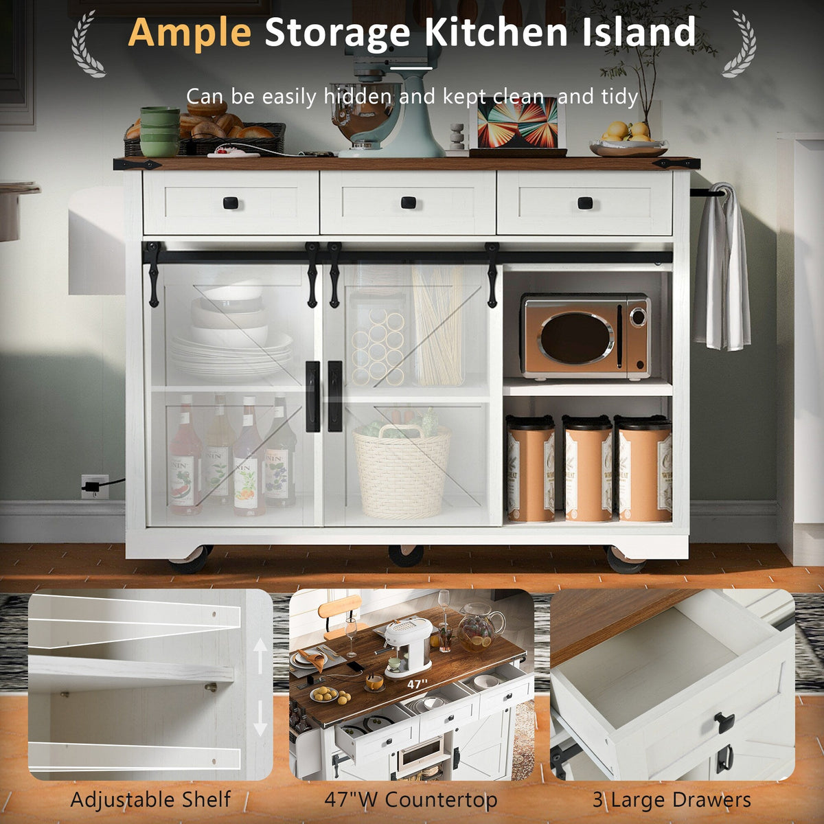 BABOOM White Mdf Base with Composite Top Rolling Kitchen Island (28.7-in x 53.8-in x 37-in)