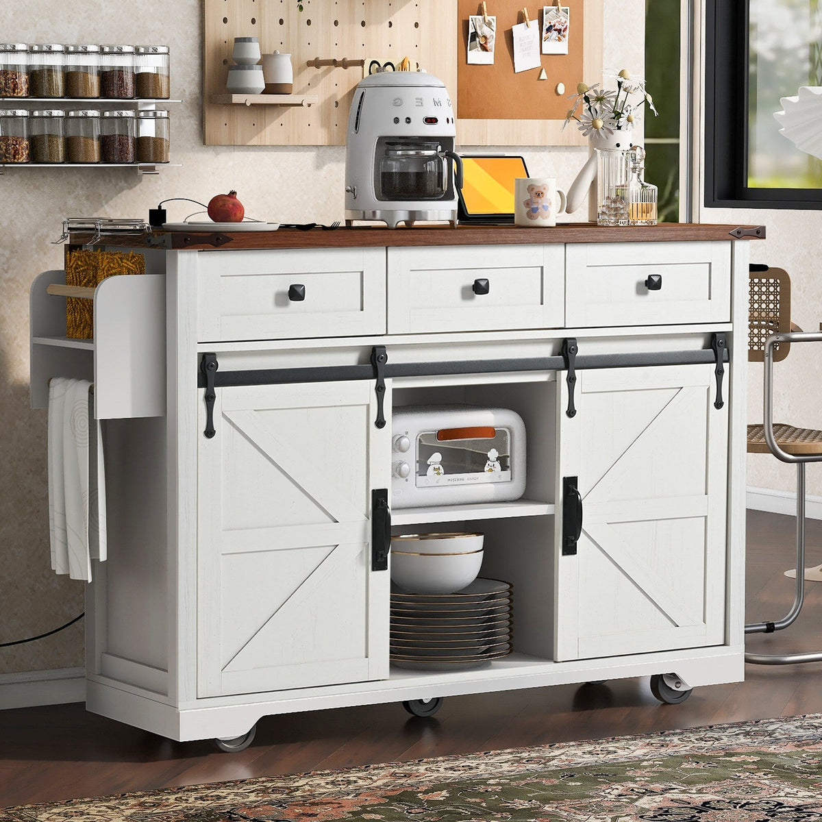 BABOOM White Mdf Base with Composite Top Rolling Kitchen Island (28.7-in x 53.8-in x 37-in)