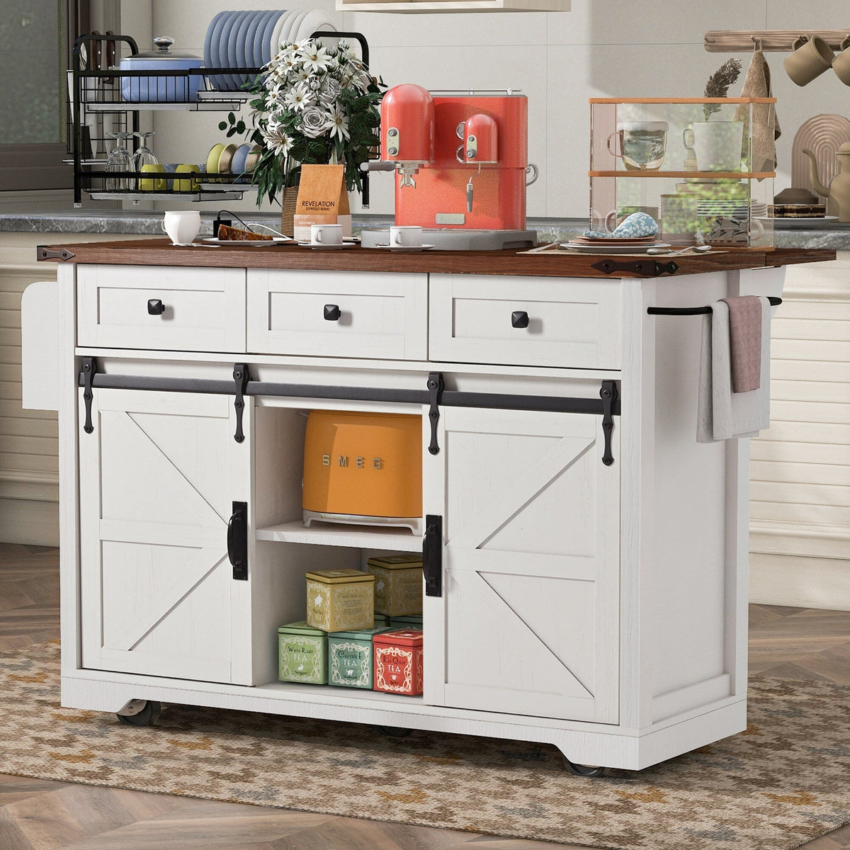 BABOOM White Mdf Base with Composite Top Rolling Kitchen Island (28.7-in x 53.8-in x 37-in)