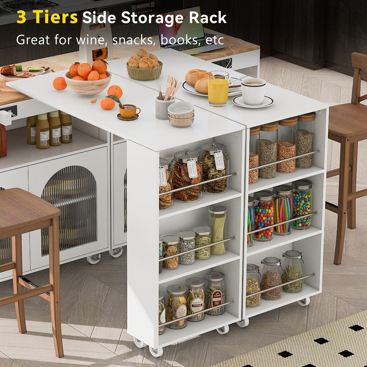 Kahomvis White Mdf Base with Wood Top Rolling Kitchen Island (15.8-in x 73.5-in x 37-in)