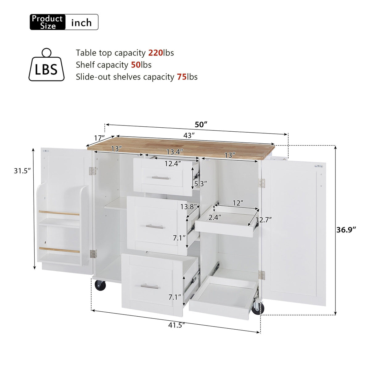 Kahomvis White Mdf Base with Wood Top Rolling Kitchen Island (17-in x 50-in x 36.9-in)