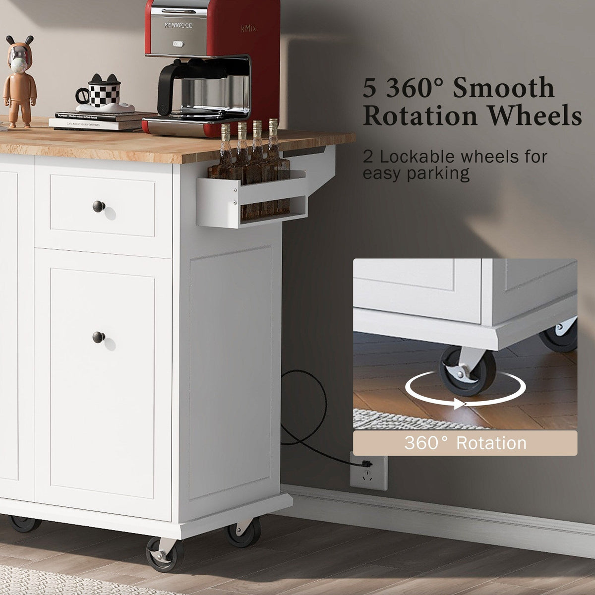 Kahomvis White Mdf Base with Wood Top Rolling Kitchen Island (29-in x 54-in x 36.8-in)