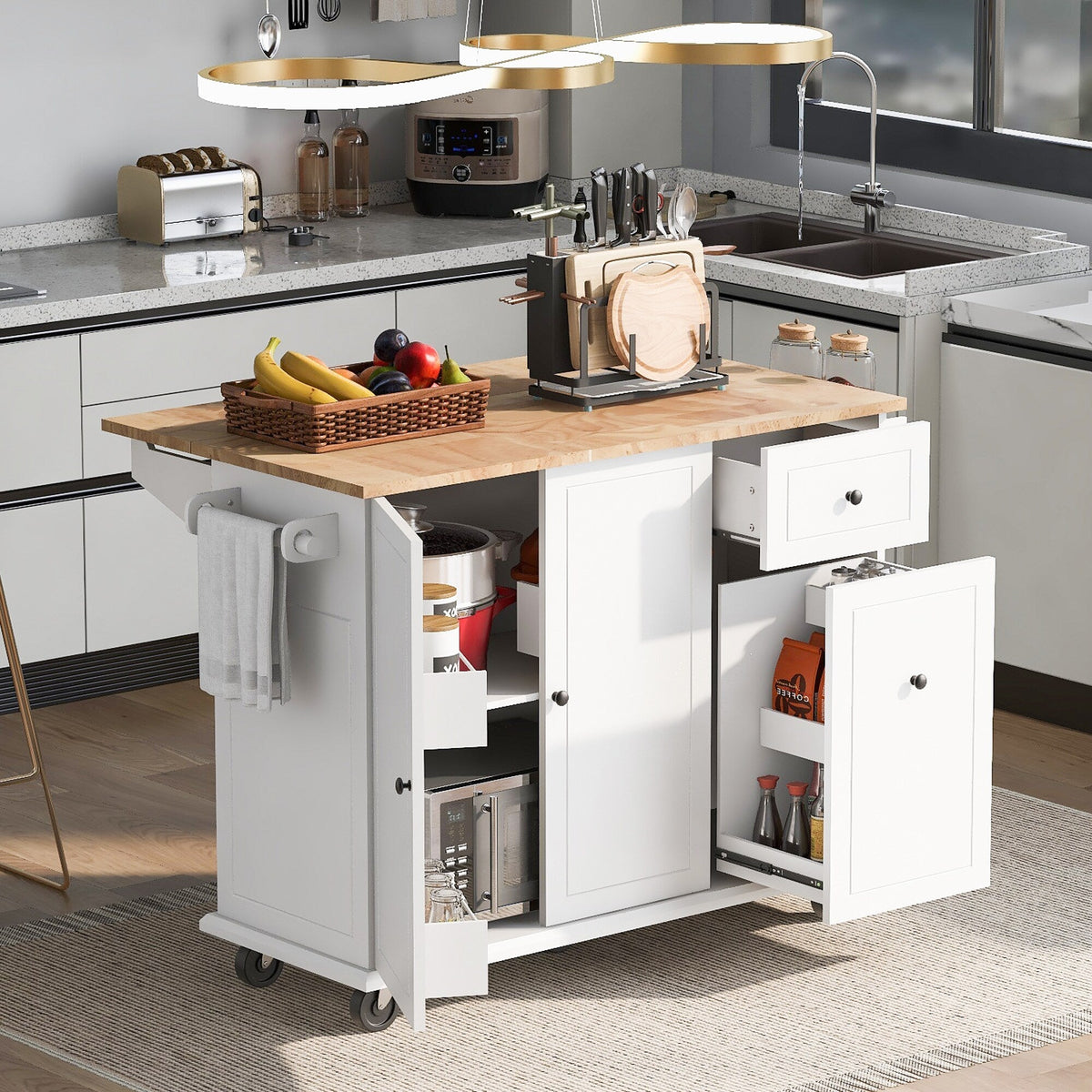 Kahomvis White Mdf Base with Wood Top Rolling Kitchen Island (29-in x 54-in x 36.8-in)