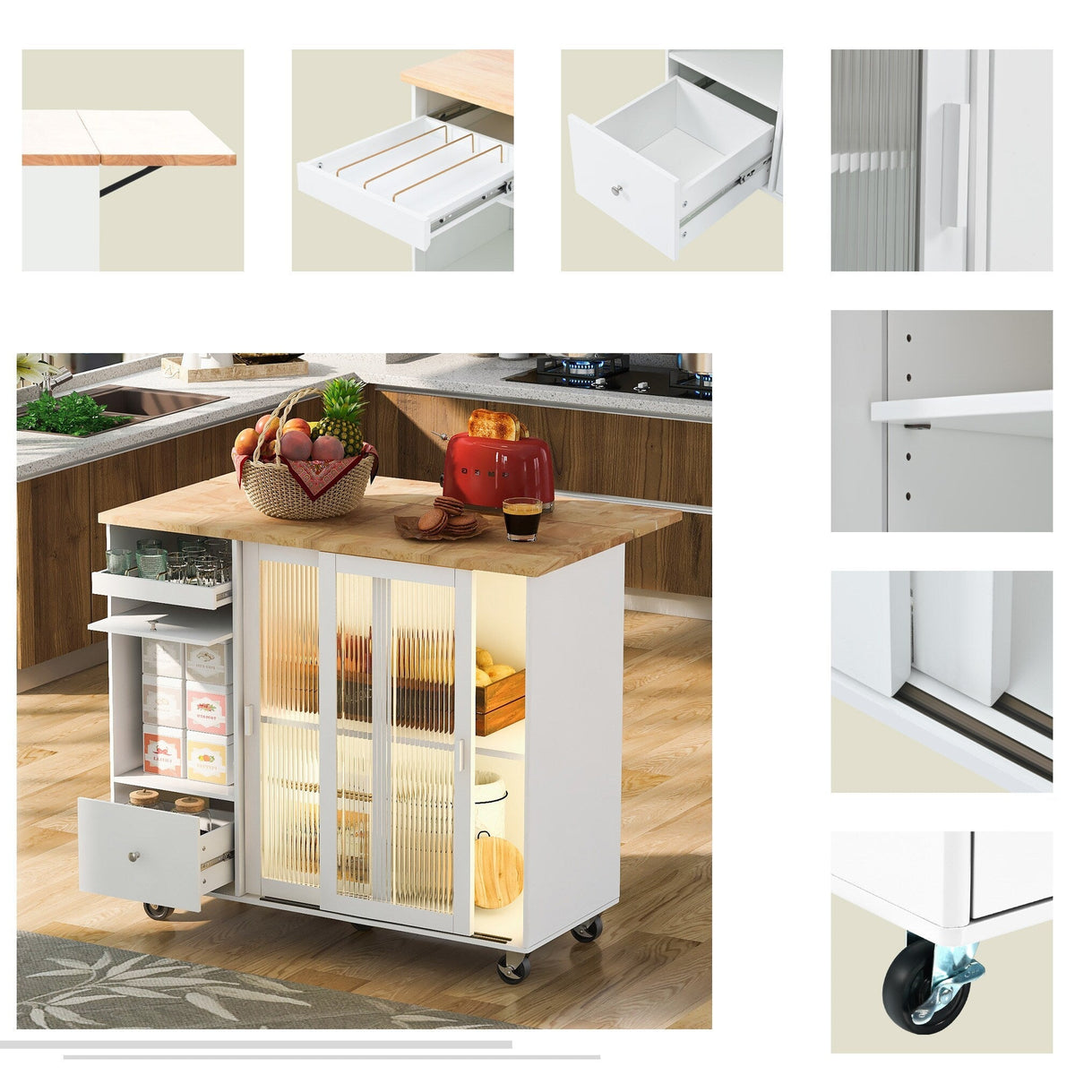 Kahomvis White Mdf Base with Wood Top Rolling Kitchen Island (18-in x 44-in x 37-in)