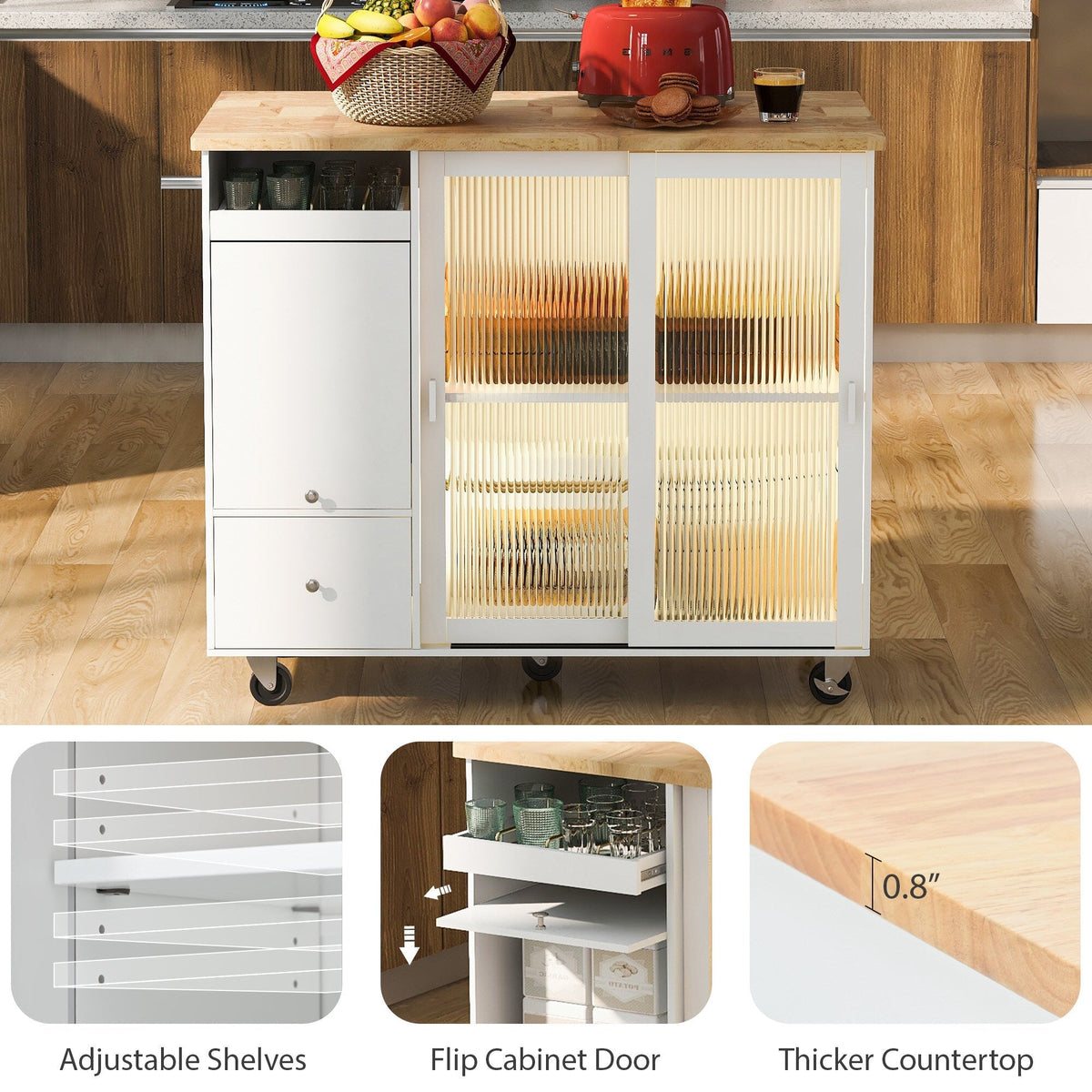 Kahomvis White Mdf Base with Wood Top Rolling Kitchen Island (18-in x 44-in x 37-in)