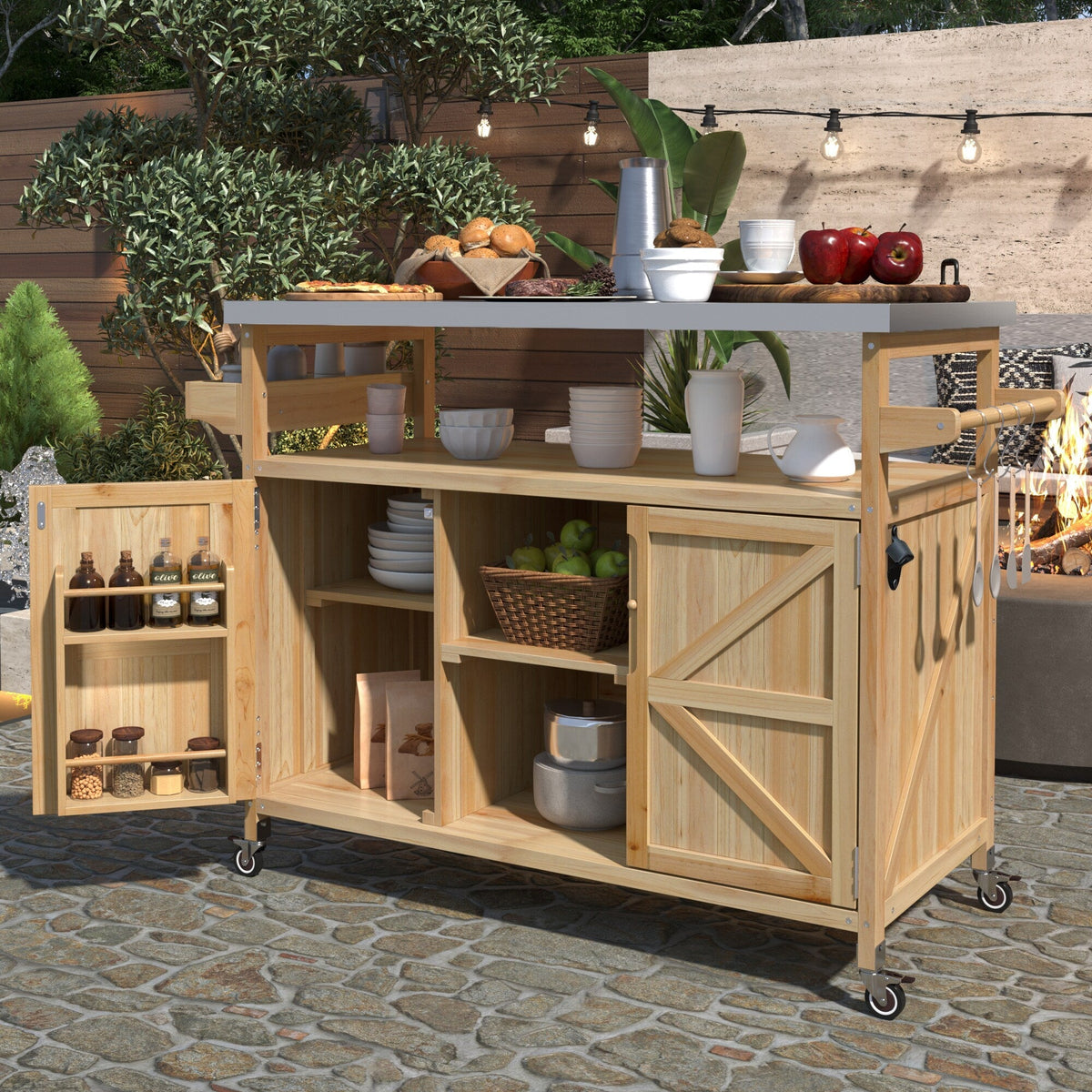 Kahomvis Wood Base with Steel Metal Top Rolling Kitchen Island (18.5-in x 50.25-in x 36.3-in)