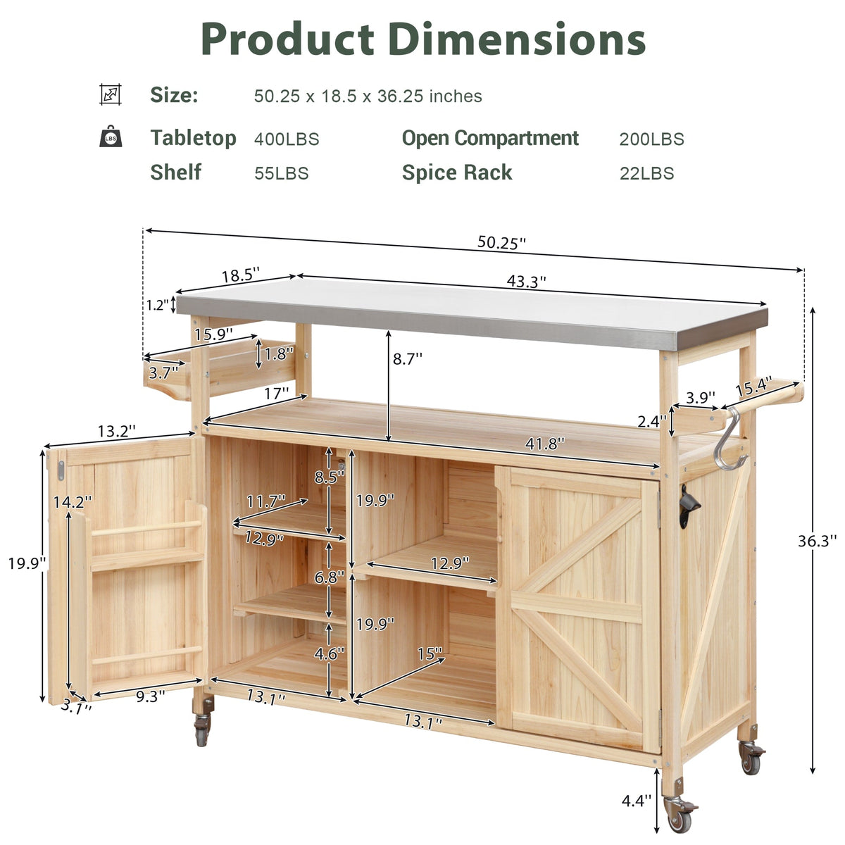 Kahomvis Wood Base with Steel Metal Top Rolling Kitchen Island (18.5-in x 50.25-in x 36.3-in)