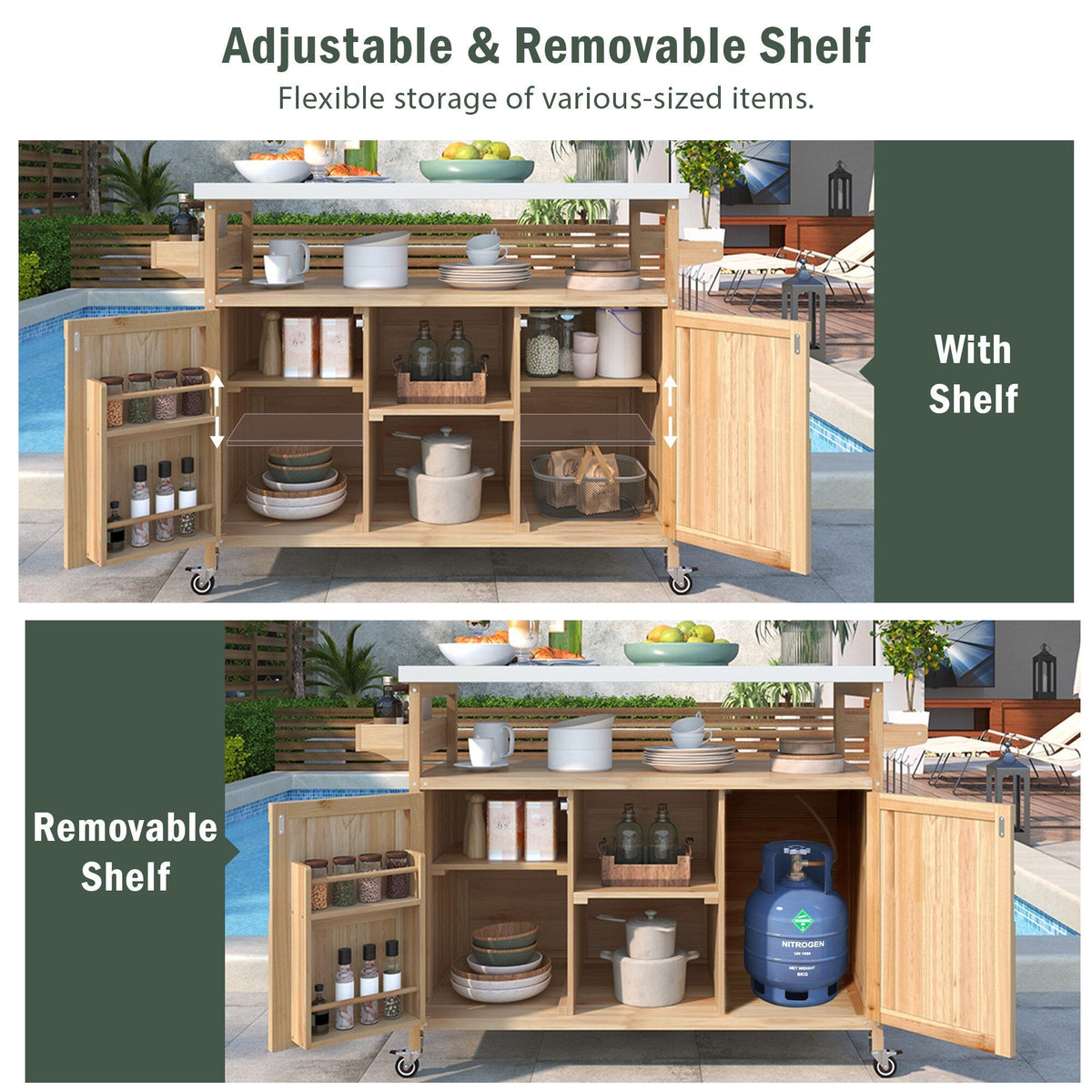 Kahomvis Wood Base with Steel Metal Top Rolling Kitchen Island (18.5-in x 50.25-in x 36.3-in)