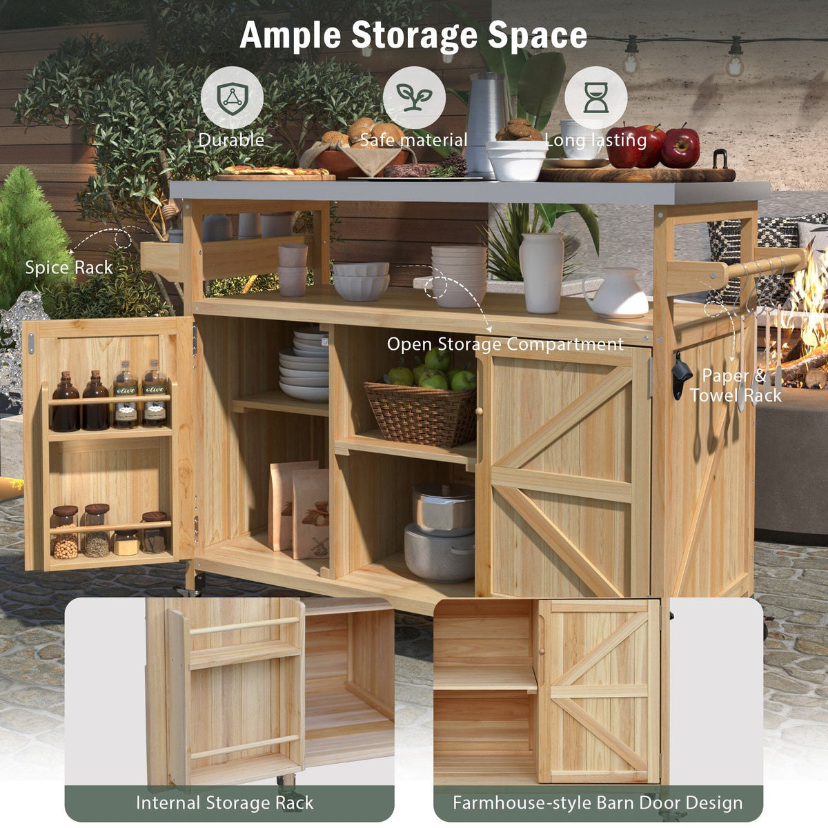 Kahomvis Wood Base with Steel Metal Top Rolling Kitchen Island (18.5-in x 50.25-in x 36.3-in)