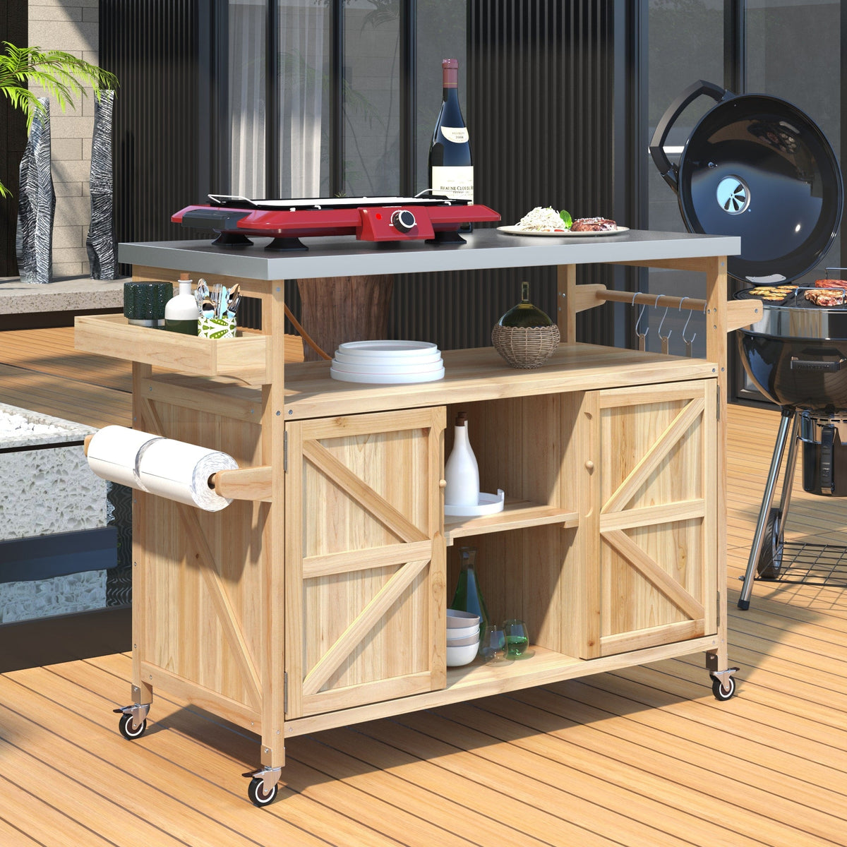 Kahomvis Wood Base with Steel Metal Top Rolling Kitchen Island (18.5-in x 50.25-in x 36.3-in)
