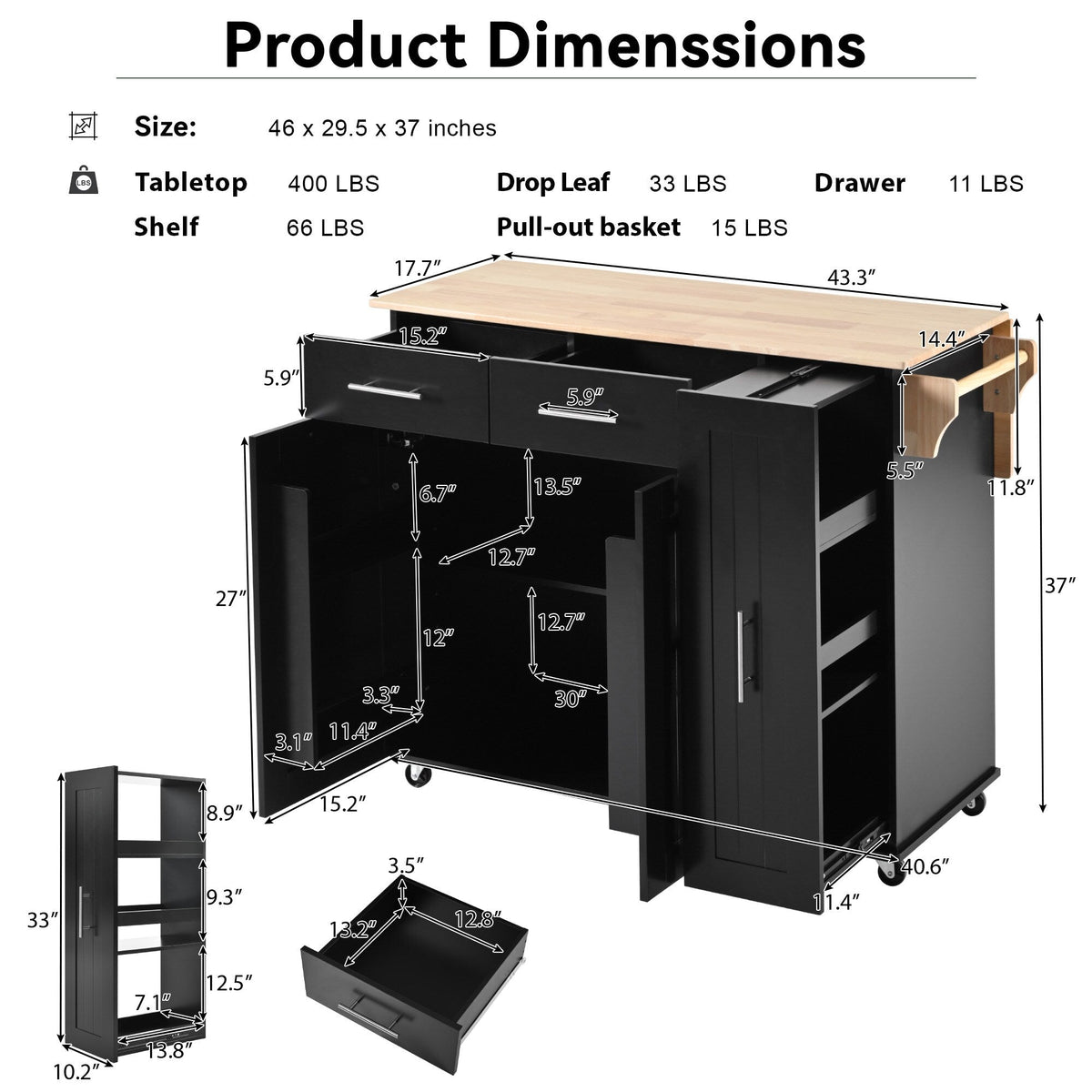 Kahomvis Black Mdf Base with Wood Top Rolling Kitchen Island (17.7-in x 43.3-in x 37-in)