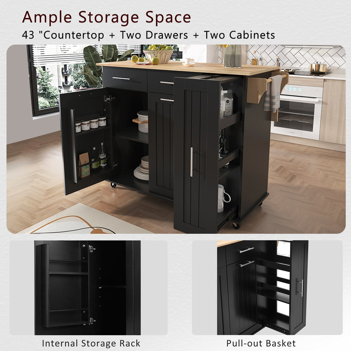 Kahomvis Black Mdf Base with Wood Top Rolling Kitchen Island (17.7-in x 43.3-in x 37-in)