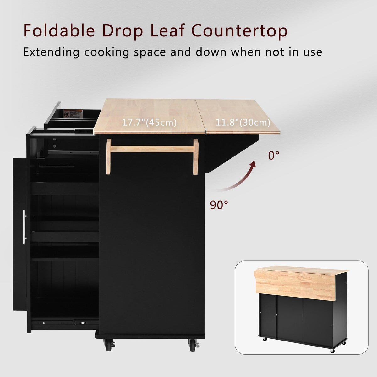 Kahomvis Black Mdf Base with Wood Top Rolling Kitchen Island (17.7-in x 43.3-in x 37-in)