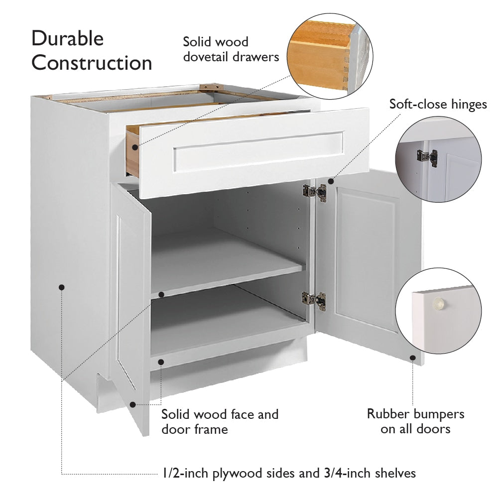 Design House Brookings 24-in W x 34.5-in H x 24-in D White Maple 1-Drawer Base Fully Assembled Plywood Cabinet (Recessed Panel Shaker Style)