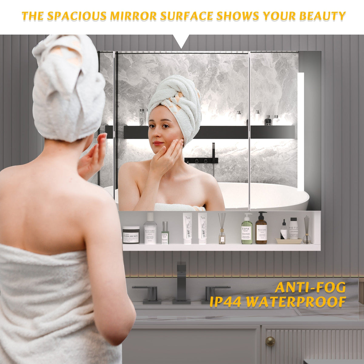 WELLFOR 40-in x 28-in Lighted LED Fog Free Surface Mount White Mirrored Soft Close Medicine Cabinet