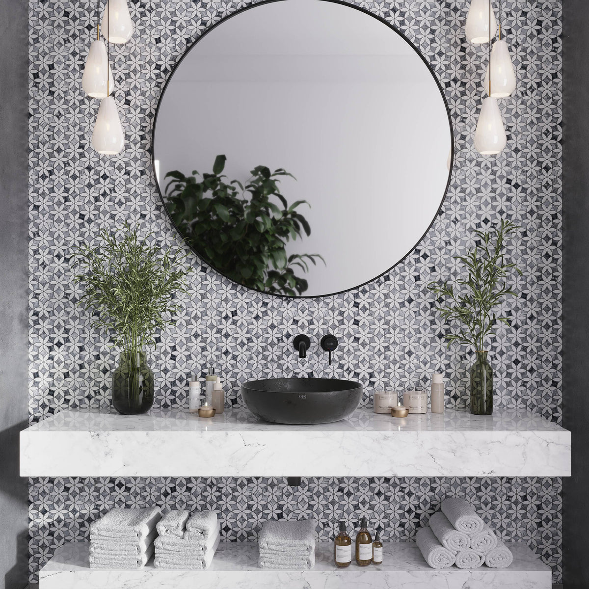 Apollo Tile Indigo Gray and White 12-in x 15-in Polished Natural Stone Marble Pinwheel Patterned Floor and Wall Tile (6.18-sq. ft/ Carton)