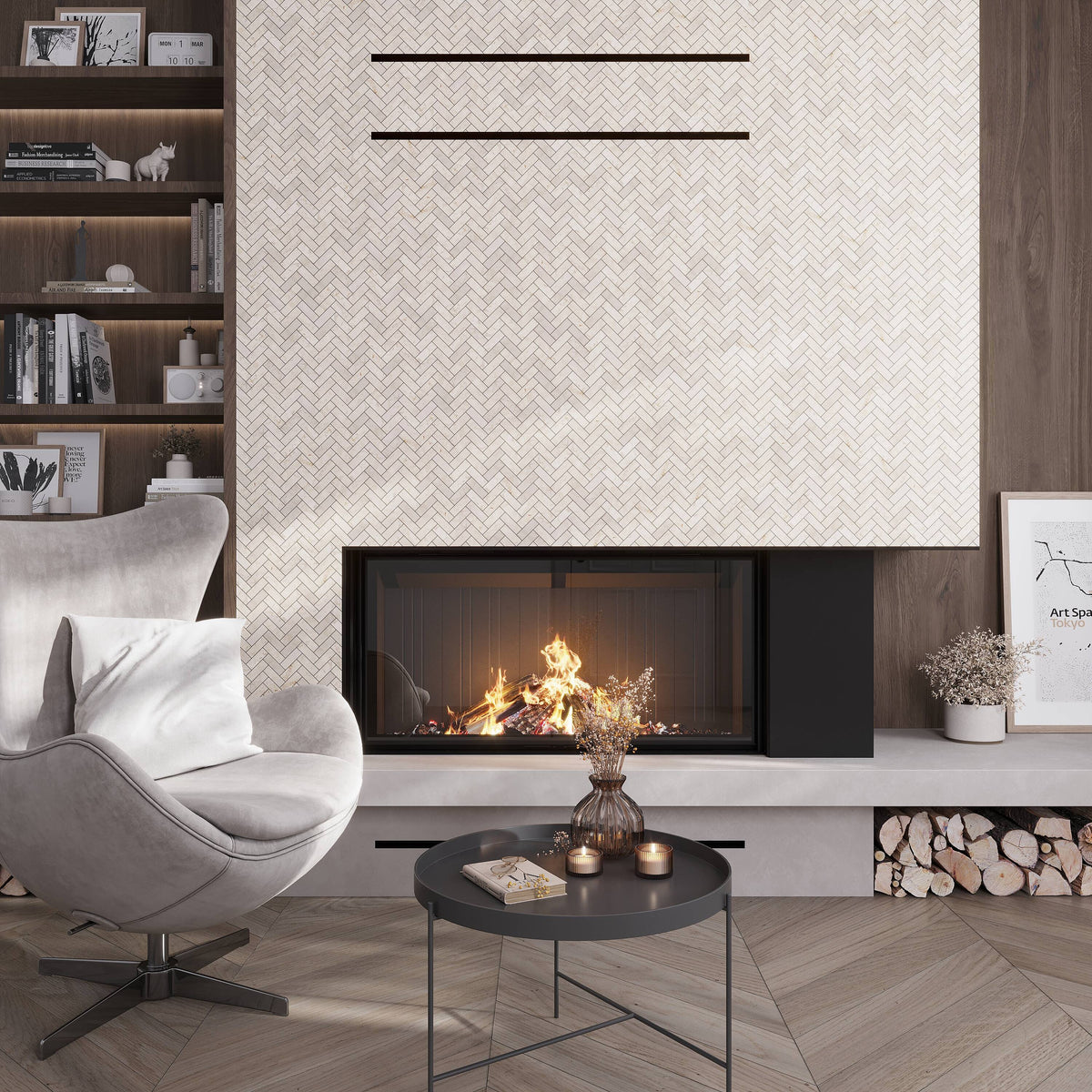 Apollo Tile Naples Beige 12-in x 13-in Polished Natural Stone Marble/Limestone Herringbone Patterned Floor and Wall Tile (5.28-sq. ft/ Carton)