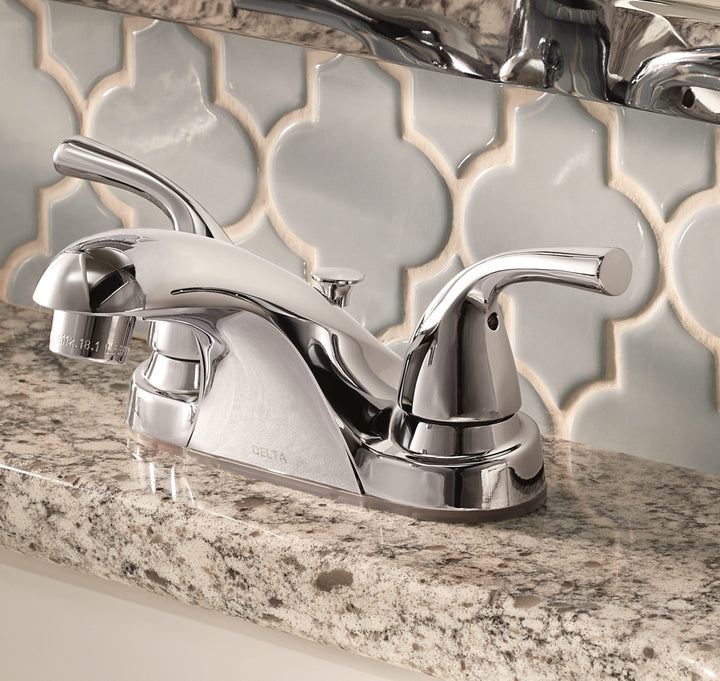 Delta Foundations Chrome 2-Handle 4-in Centerset WaterSense Bathroom Sink Faucet with Drain, B2515LF-PPU-ECO