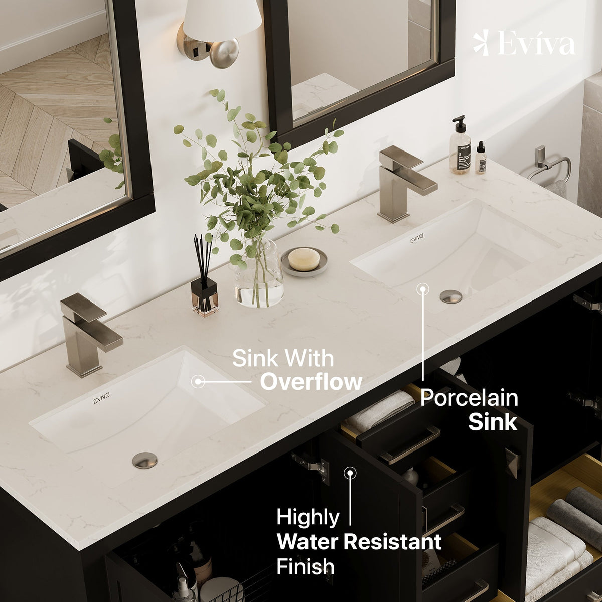 Eviva London 60 in. W x 18 in. D x 34 in. H Espresso Double Bathroom Vanity with White Carrara Marble Top and White Undermount Sinks