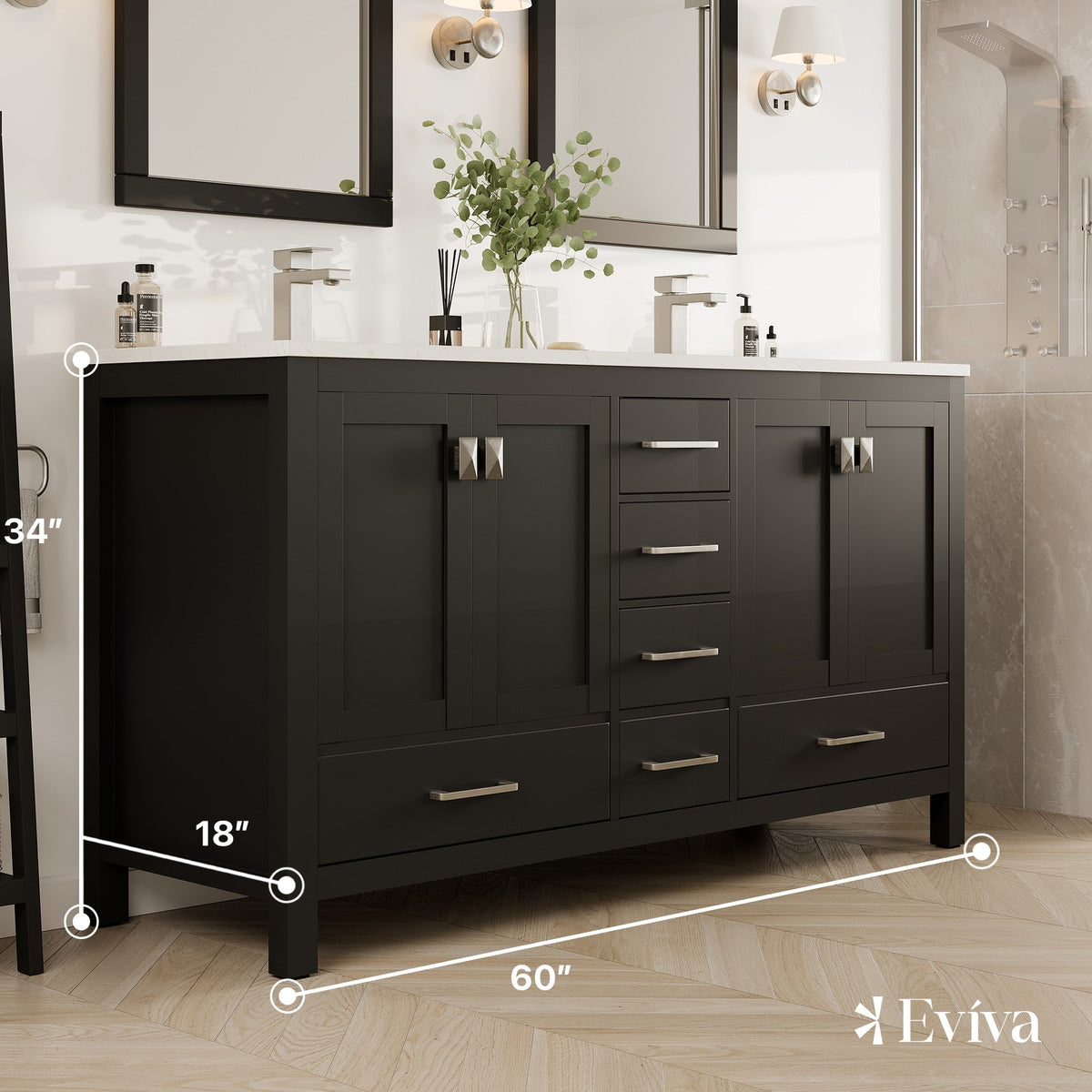 Eviva London 60 in. W x 18 in. D x 34 in. H Espresso Double Bathroom Vanity with White Carrara Marble Top and White Undermount Sinks