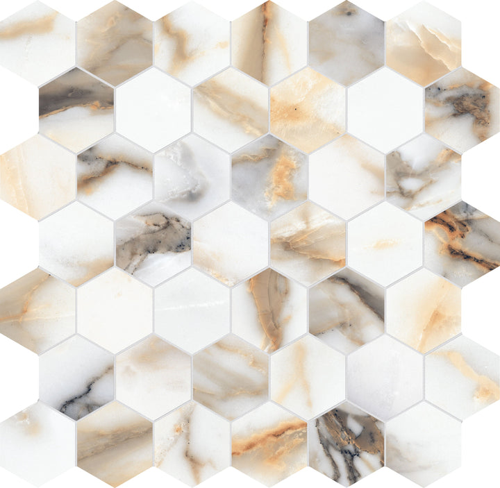 Satori Calacatta Dorado 12-in x 12-in Polished Porcelain Marble look Hexagon Mosaic Floor and Wall Tile product image