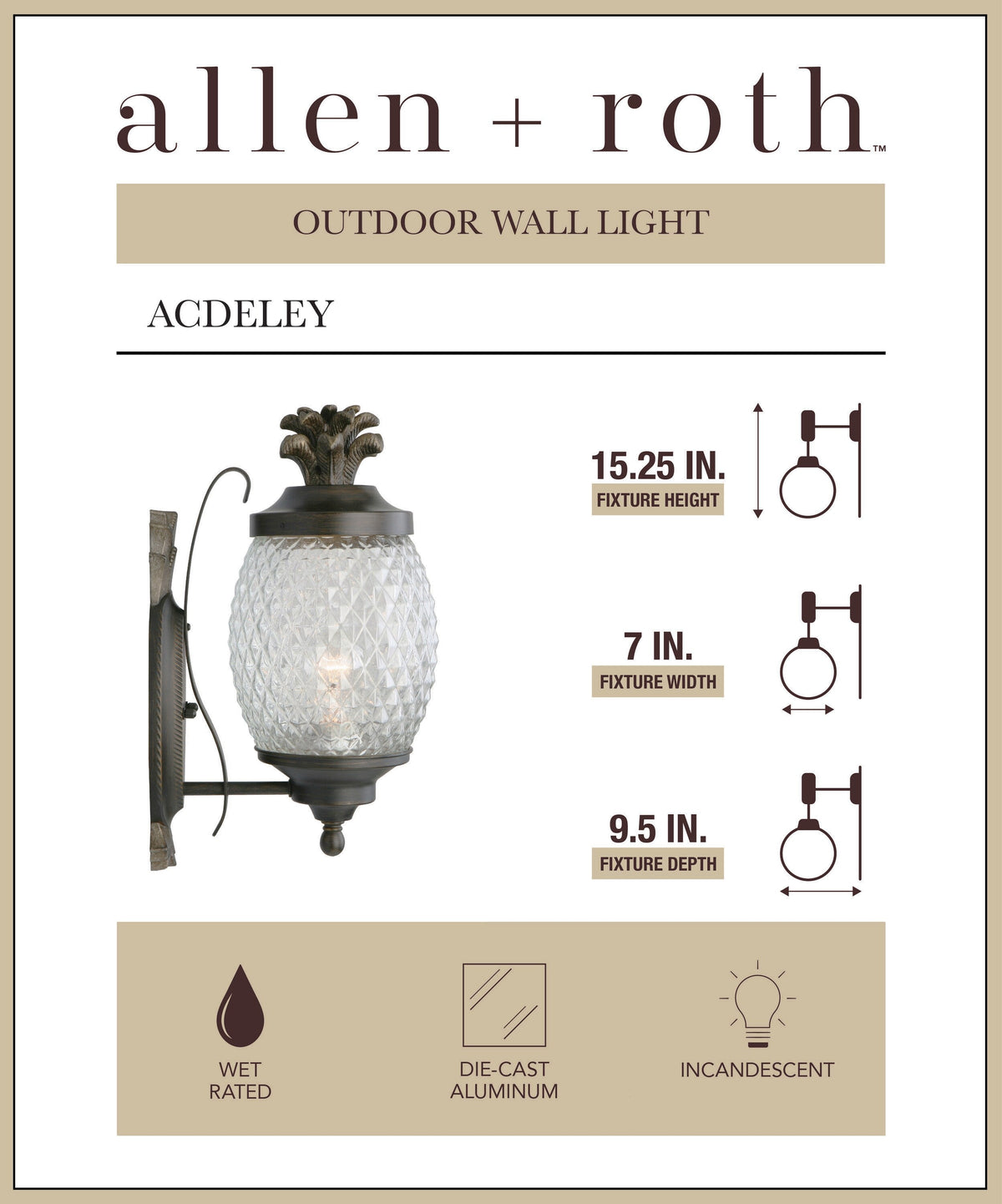 Portfolio 15.25-in H Brushed Bronze Medium Base (E-26) Outdoor Wall Light
