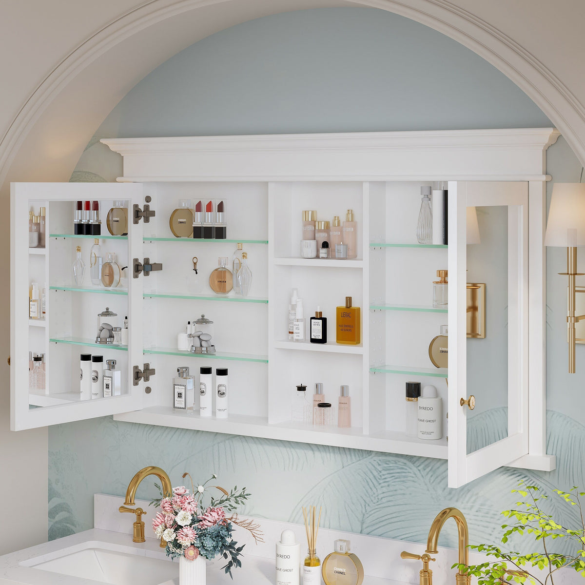WELLFOR GRACE Solid Wood 55-in x 32-in Recessed Mount White Mirrored Soft Close Medicine Cabinet