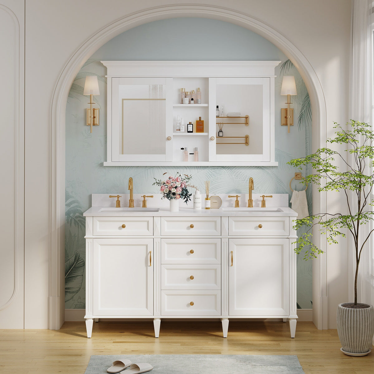 WELLFOR GRACE Solid Wood 55-in x 32-in Recessed Mount White Mirrored Soft Close Medicine Cabinet