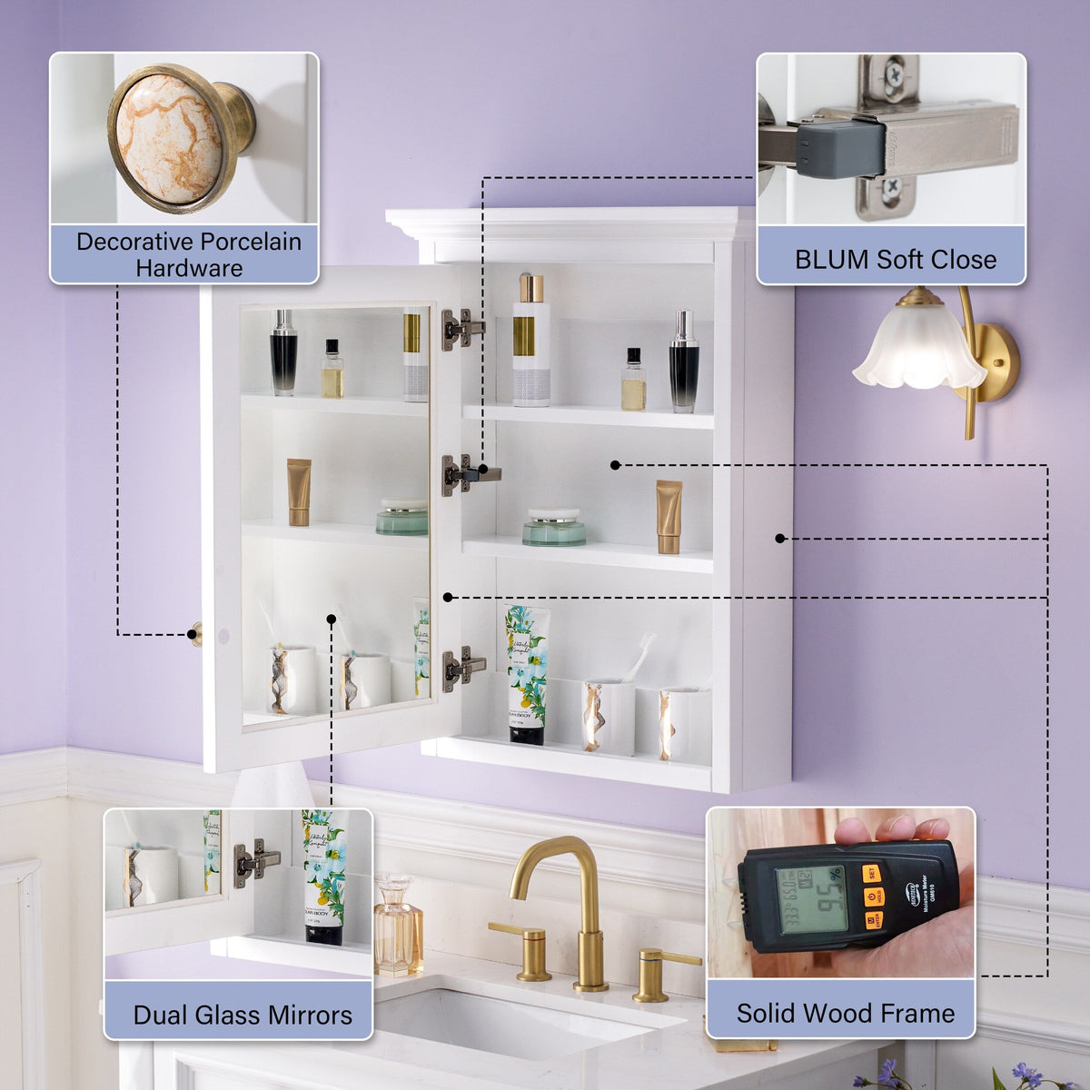 WELLFOR GRACE Solid Wood 24-in x 30-in Surface Mount White Mirrored Soft Close Medicine Cabinet
