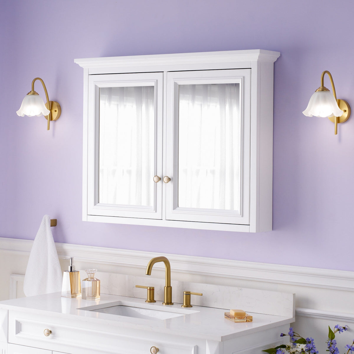 WELLFOR GRACE Solid Wood 40-in x 30-in Surface Mount White Mirrored Soft Close Medicine Cabinet