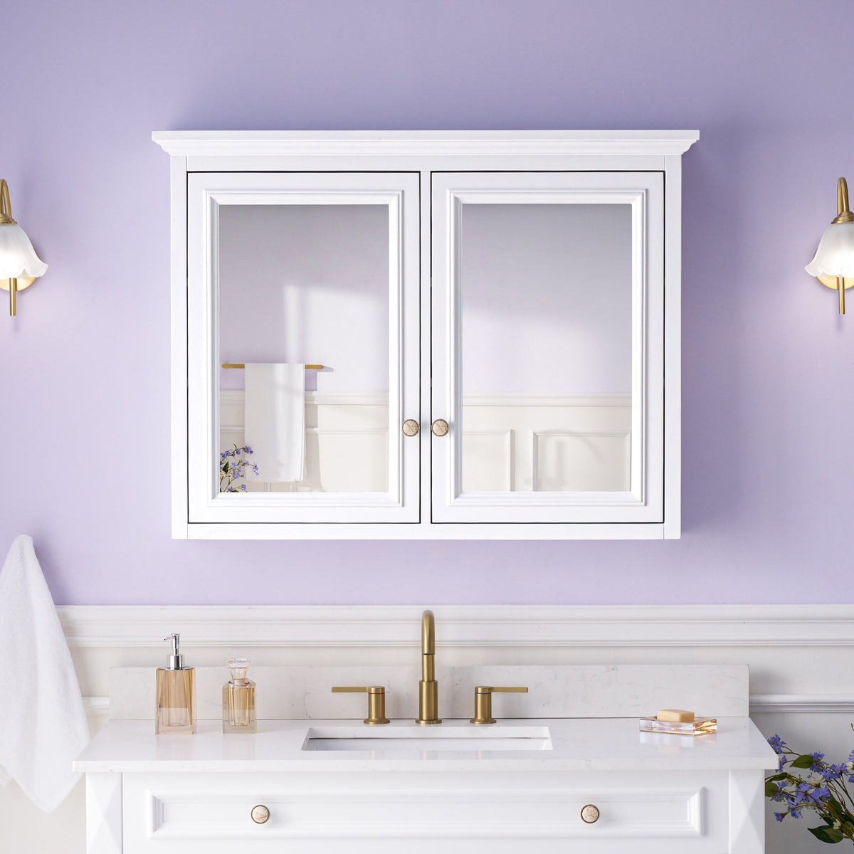 WELLFOR GRACE Solid Wood 40-in x 30-in Surface Mount White Mirrored Soft Close Medicine Cabinet