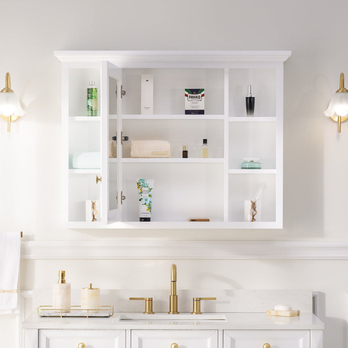 WELLFOR GRACE Solid Wood 40-in x 30-in Surface Mount White Mirrored Soft Close Medicine Cabinet