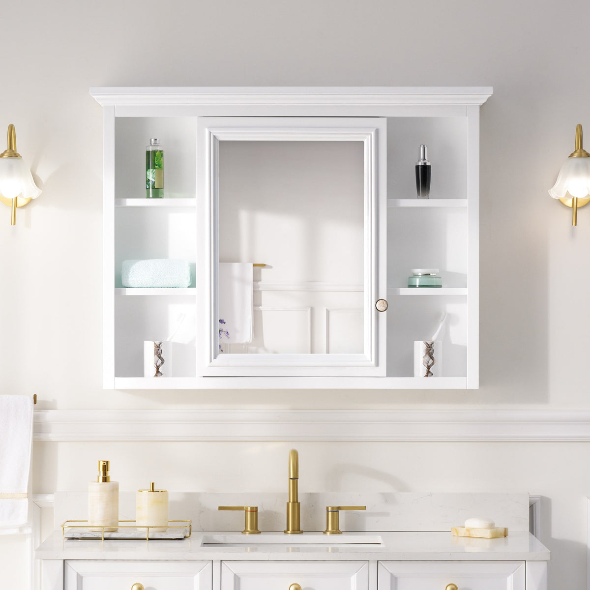 WELLFOR GRACE Solid Wood 40-in x 30-in Surface Mount White Mirrored Soft Close Medicine Cabinet