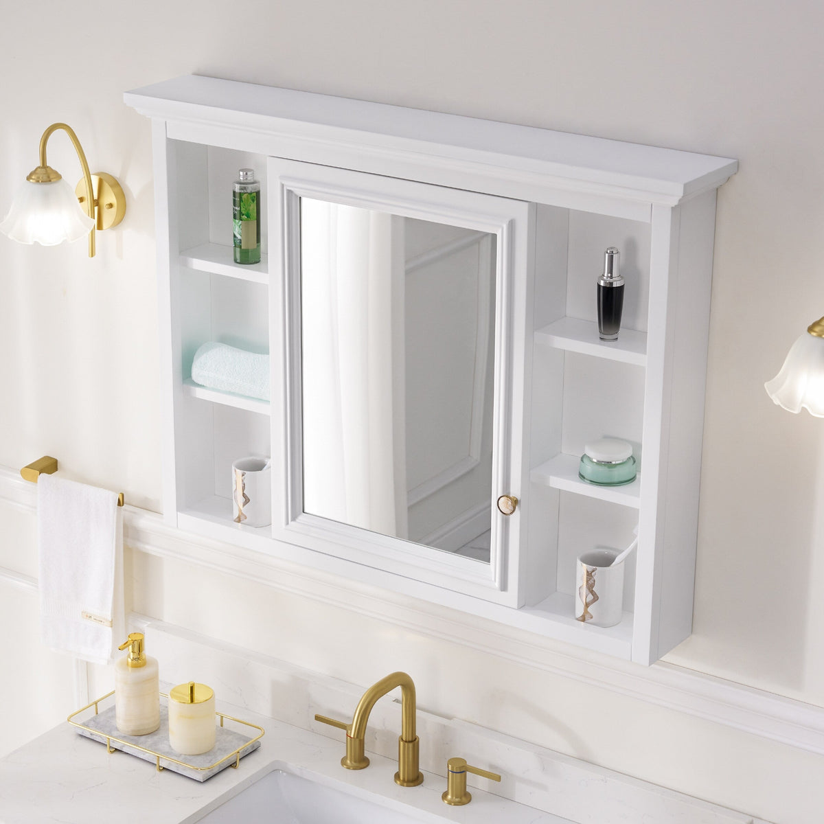 WELLFOR GRACE Solid Wood 40-in x 30-in Surface Mount White Mirrored Soft Close Medicine Cabinet