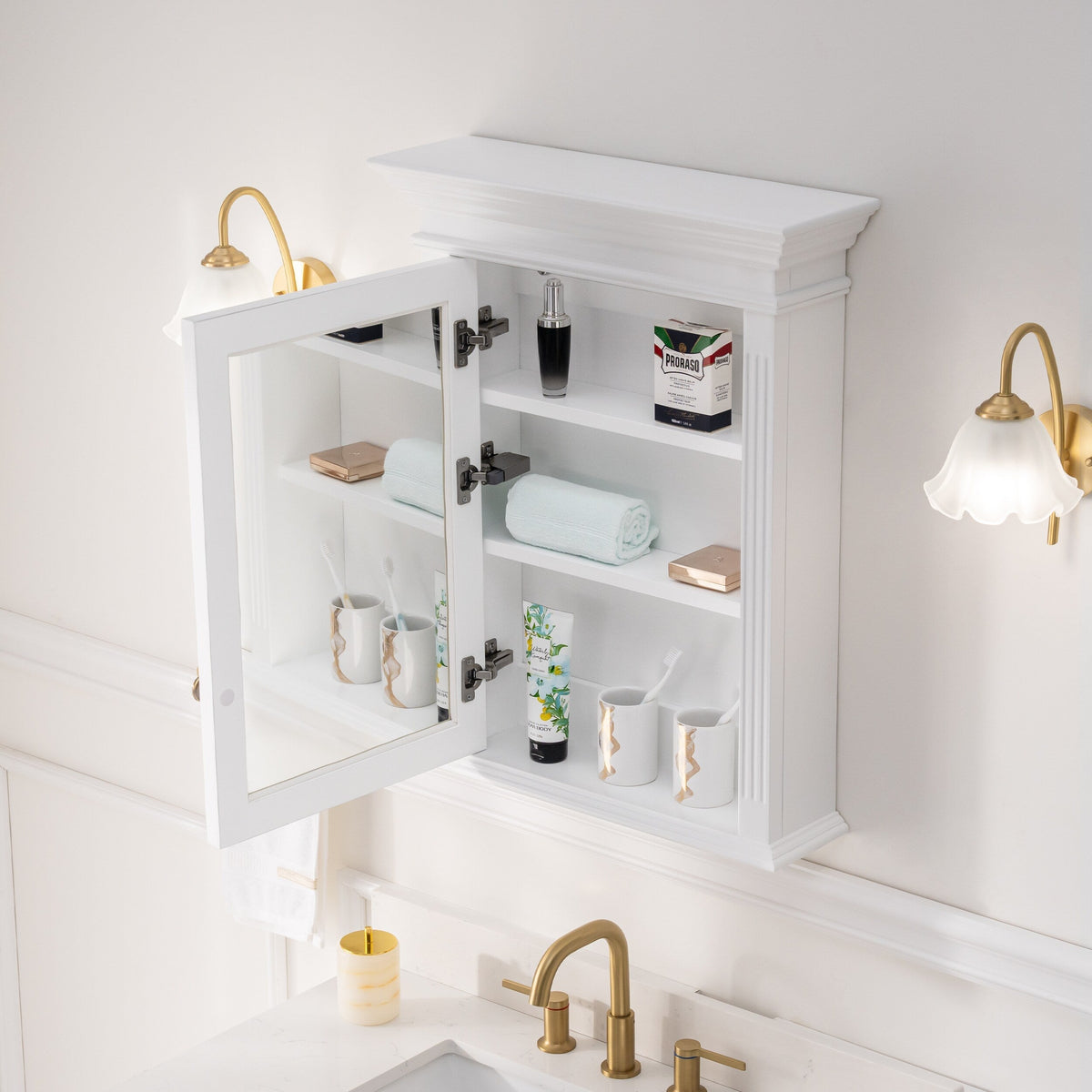 WELLFOR GRACE Solid Wood 24-in x 30-in Surface Mount White Mirrored Soft Close Medicine Cabinet