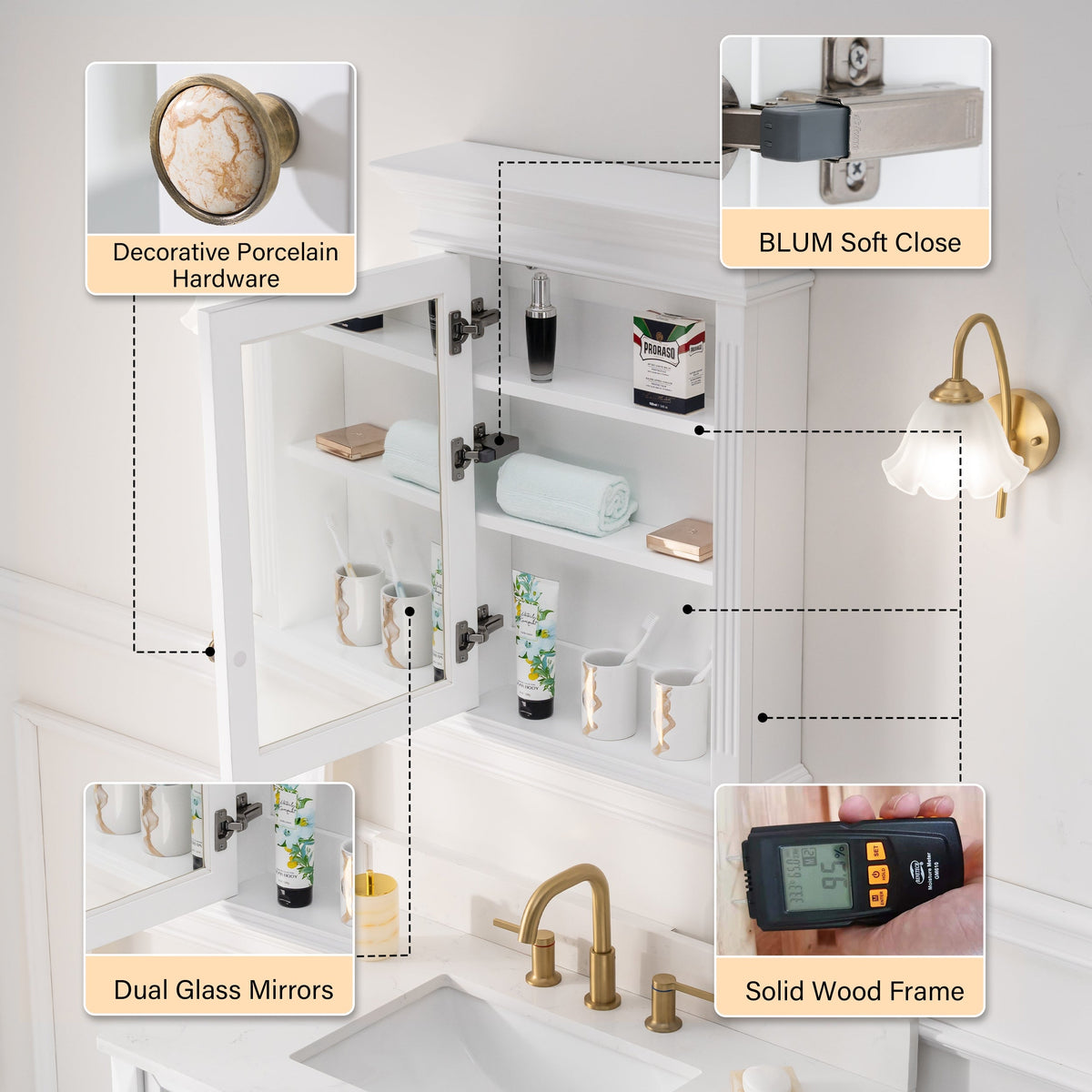WELLFOR GRACE Solid Wood 24-in x 30-in Surface Mount White Mirrored Soft Close Medicine Cabinet