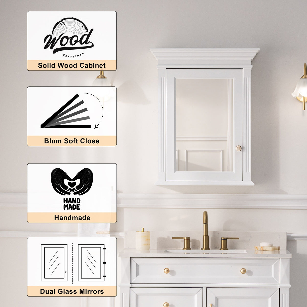 WELLFOR GRACE Solid Wood 24-in x 30-in Surface Mount White Mirrored Soft Close Medicine Cabinet