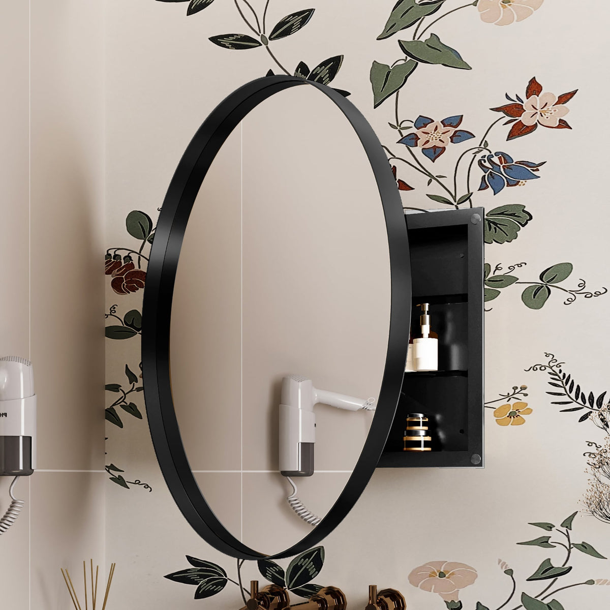 WELLFOR FS 31.5-in x 31.5-in Recessed Mount Black Mirrored Round Soft Close Medicine Cabinet