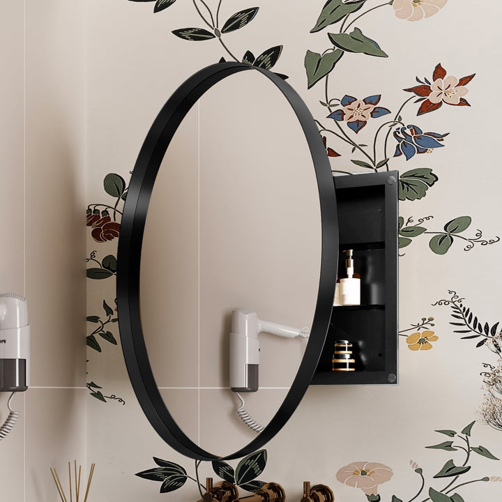 WELLFOR FS 31.5-in x 31.5-in Recessed Mount Black Mirrored Round Soft Close Medicine Cabinet