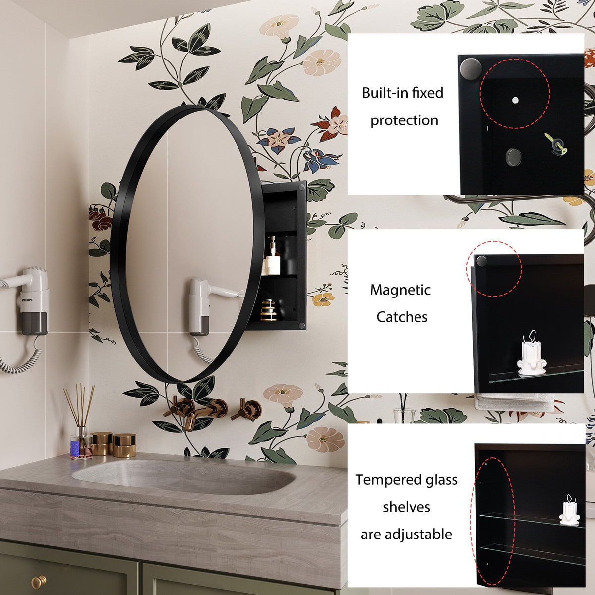 WELLFOR 31.5-in x 31.5-in Recessed Mount Matte Black Mirrored Round Medicine Cabinet