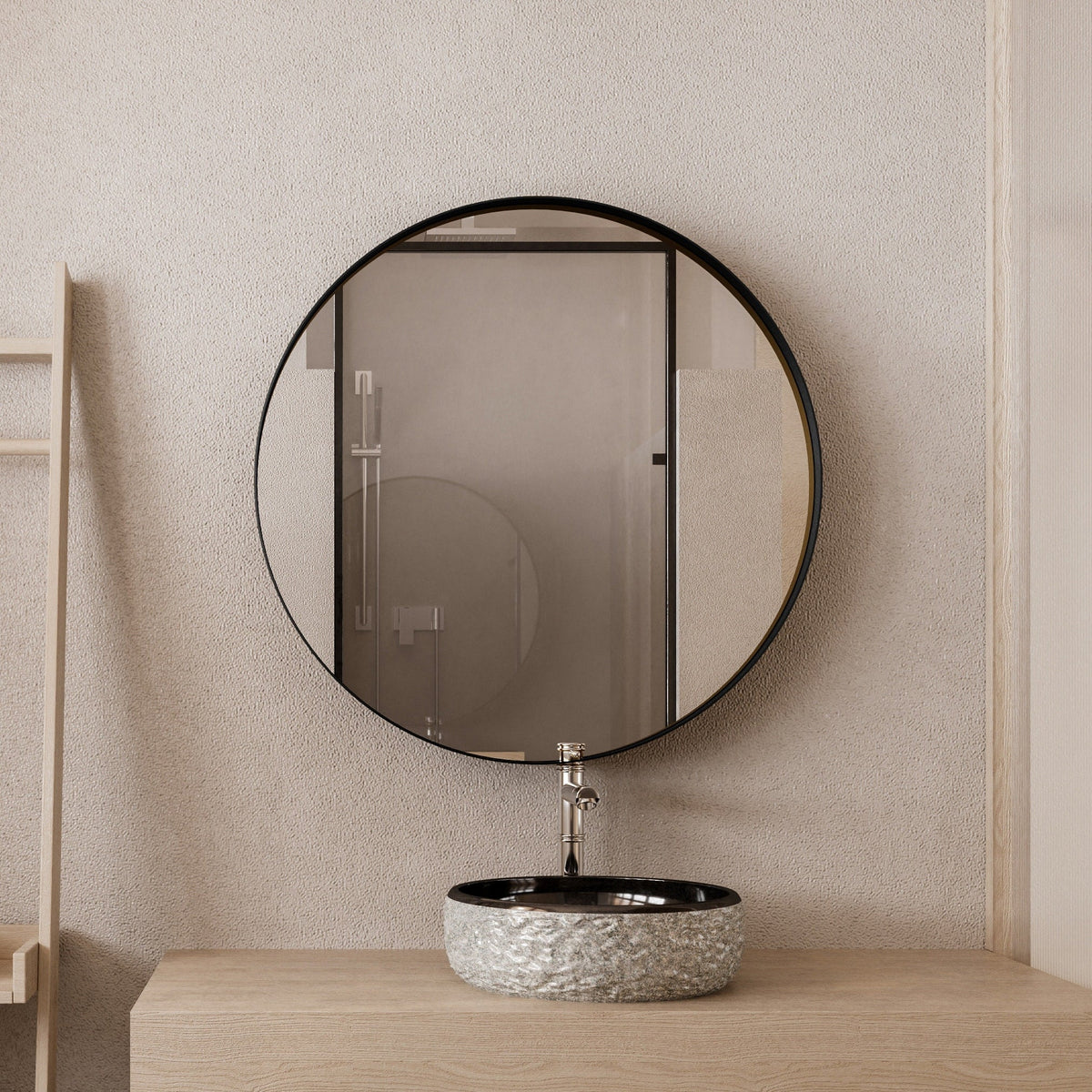 WELLFOR FS 31.5-in x 31.5-in Recessed Mount Black Mirrored Round Soft Close Medicine Cabinet