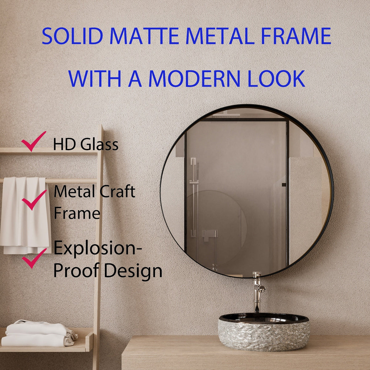 WELLFOR FS 31.5-in x 31.5-in Recessed Mount Black Mirrored Round Soft Close Medicine Cabinet