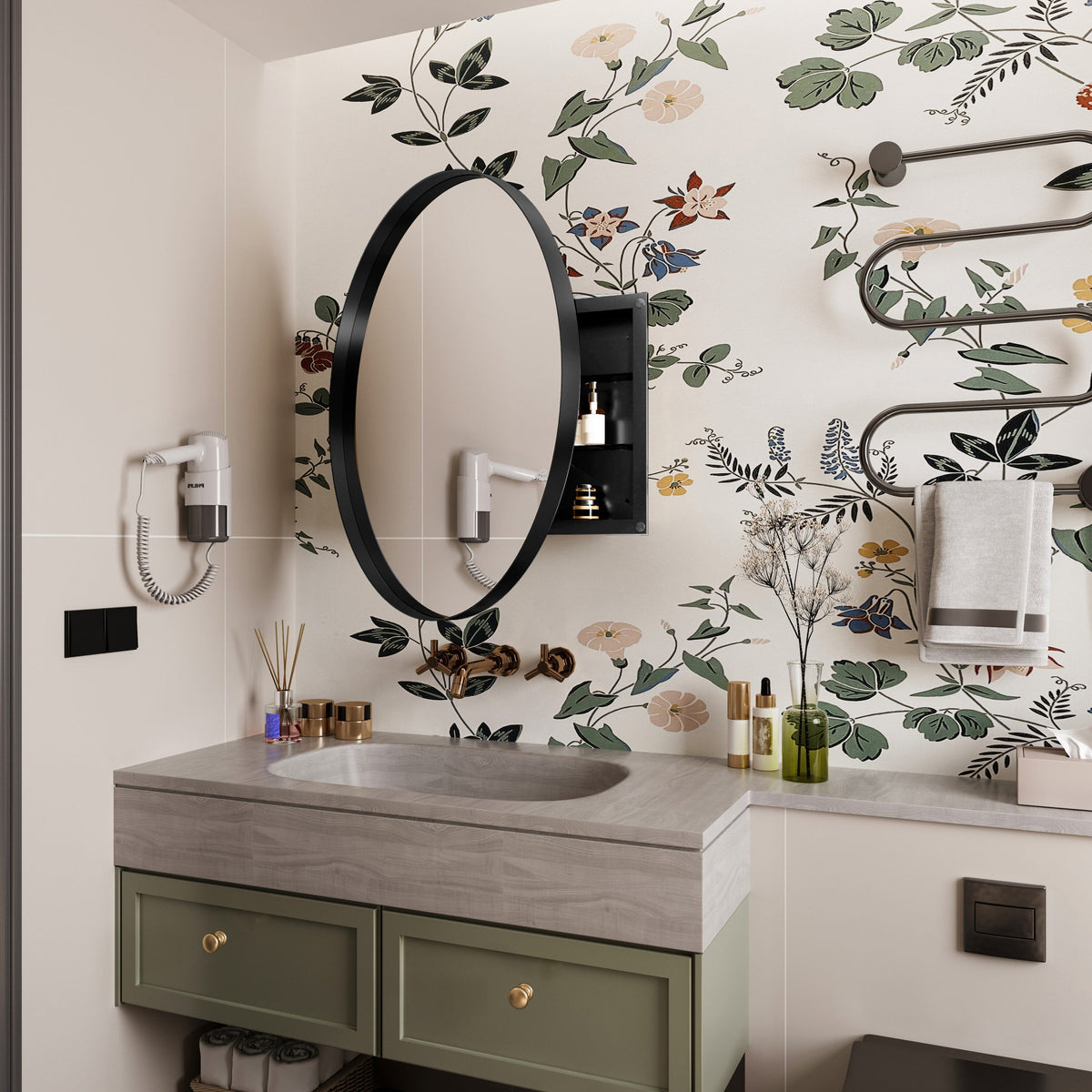 WELLFOR 31.5-in x 31.5-in Recessed Mount Matte Black Mirrored Round Medicine Cabinet
