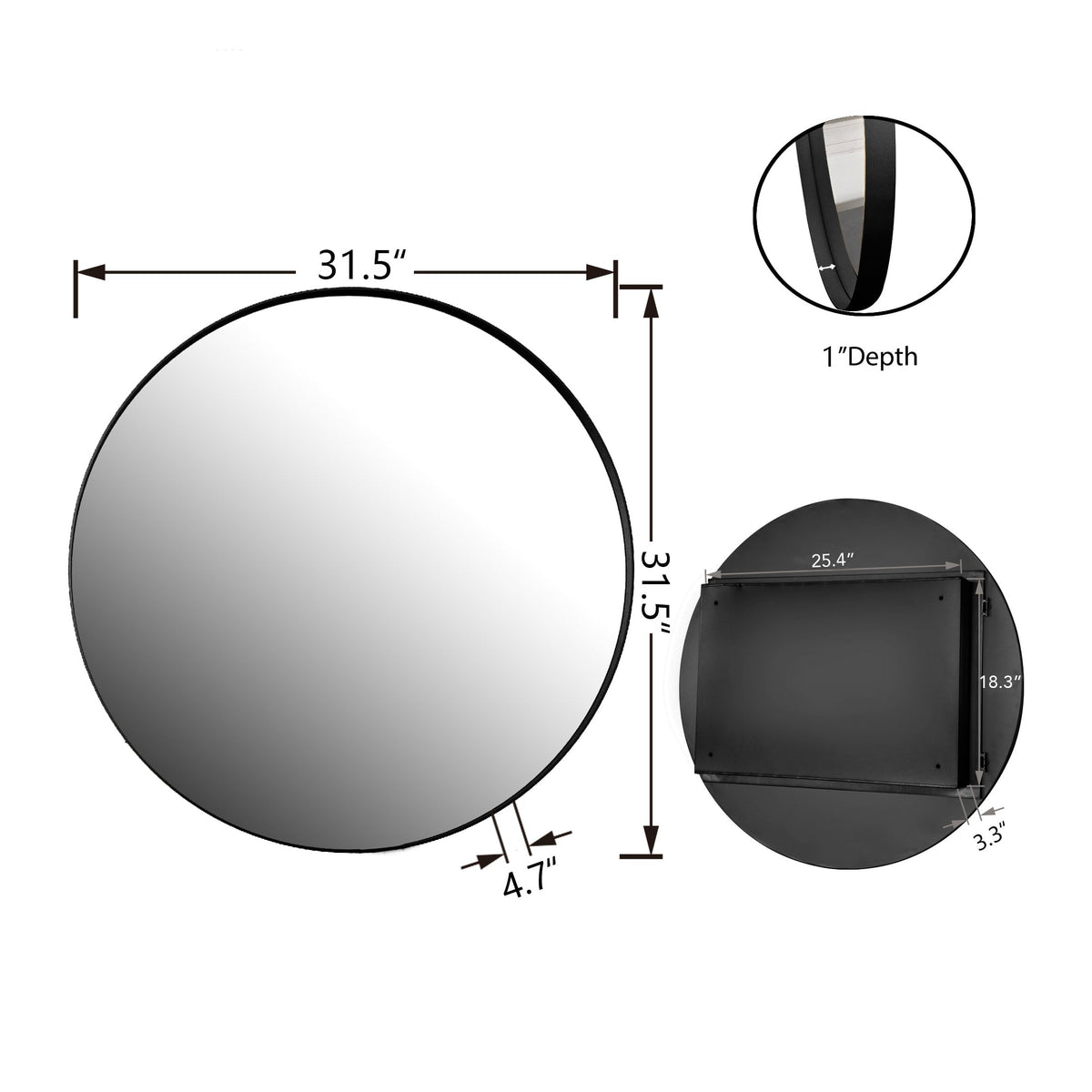 WELLFOR 31.5-in x 31.5-in Recessed Mount Matte Black Mirrored Round Medicine Cabinet